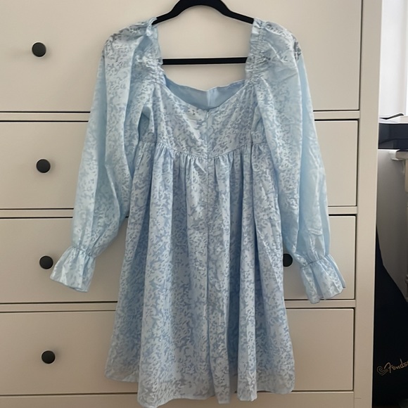 Light Blue Puff Sleeve Mini Dress - Picture 2 of 5